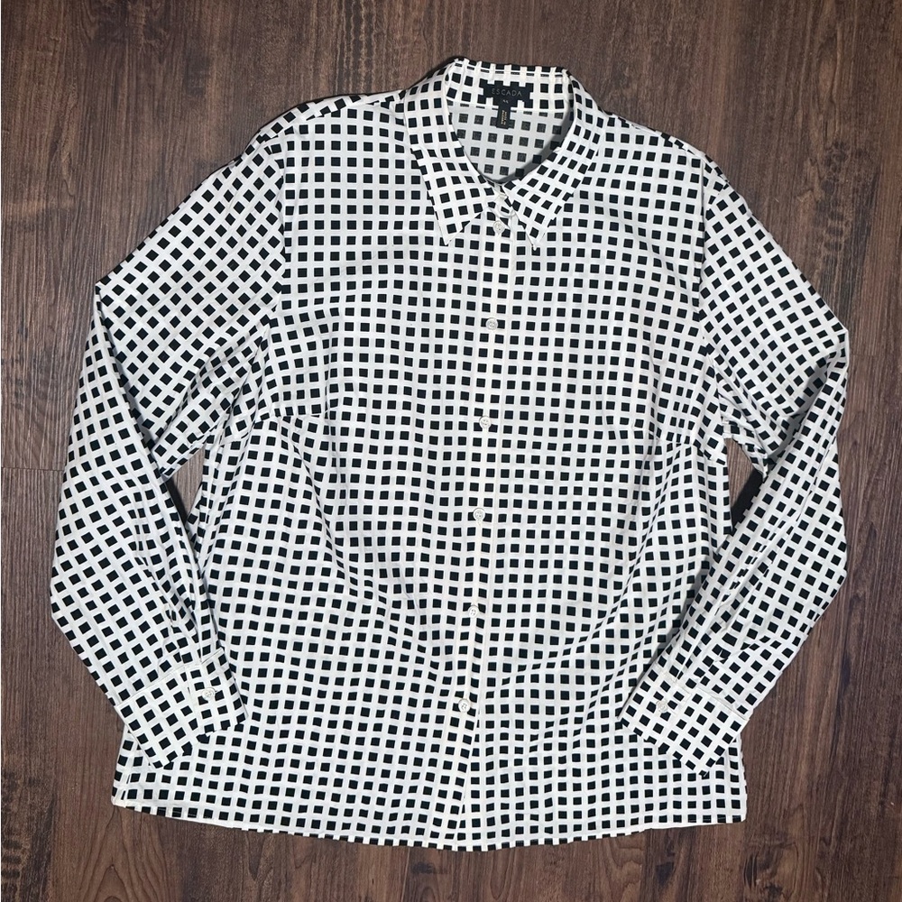 Escada Black & White Button Down Blouse Long Sleeves Size 44 US Large